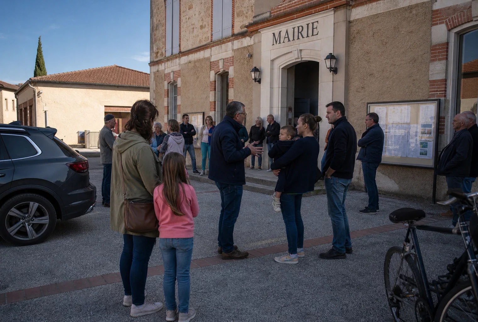 Des habitants écoutent un élu local devant une mairie de village après les alertes aux feux de forêt.
