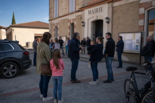 Des habitants écoutent un élu local devant une mairie de village après les alertes aux feux de forêt.