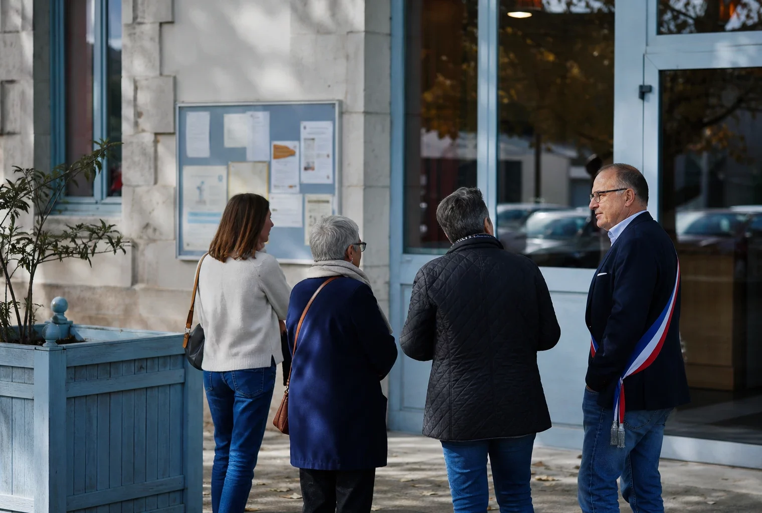 Des citoyens et un élu local près d’une mairie, dans une scène de vie civique française en lumière naturelle.