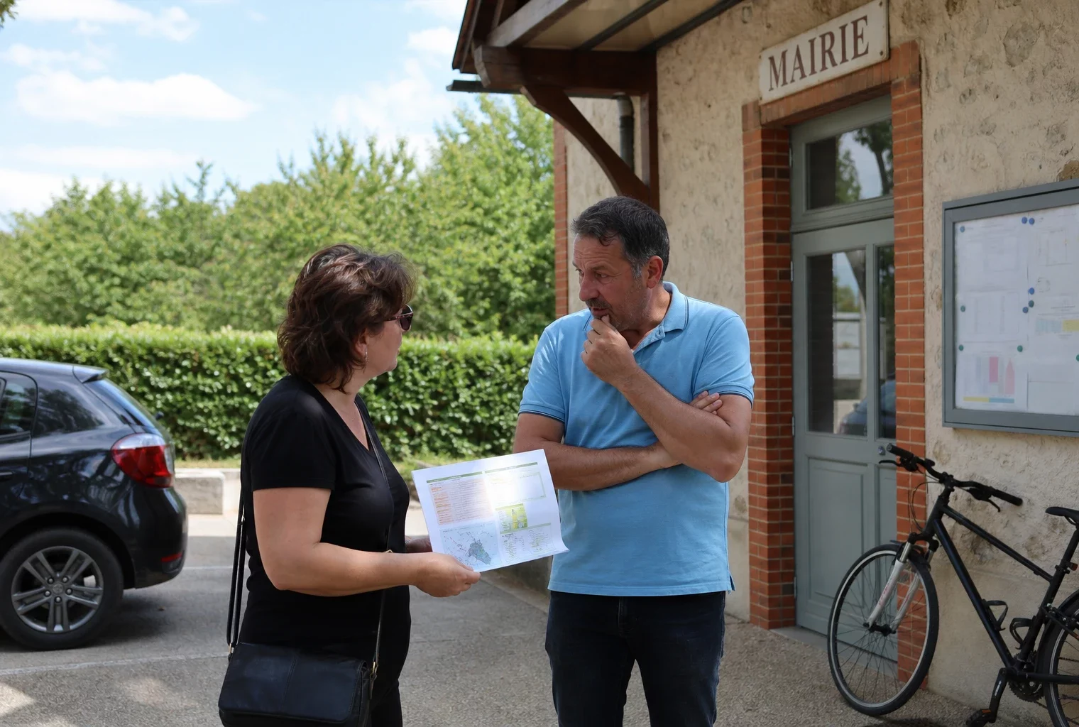 Des habitants échangent avec un agent municipal devant une mairie française sur la prévention des feux de forêt.
