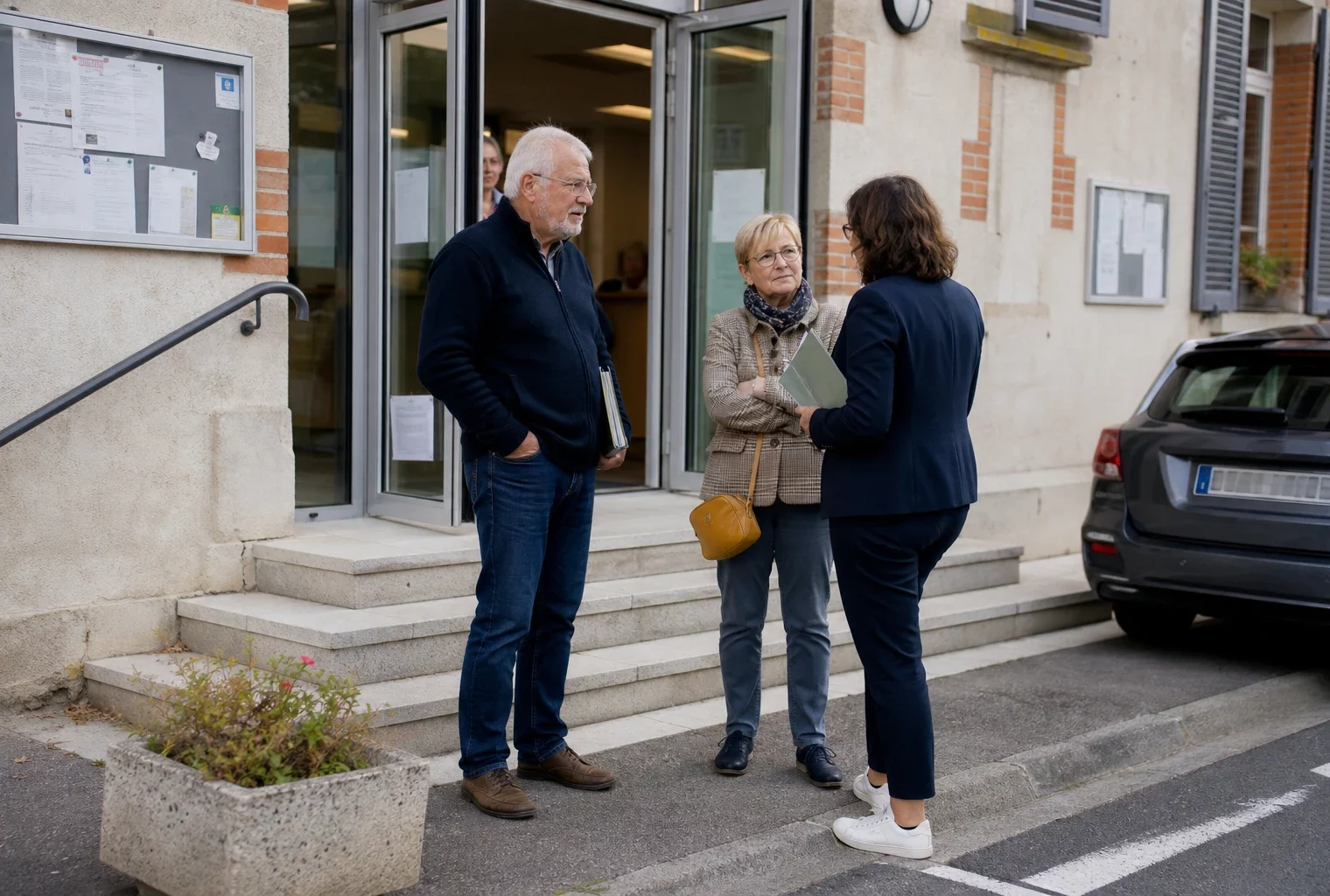 Des habitants échangent devant une mairie de proximité lors d’un débat local sur l’accueil des gens du voyage