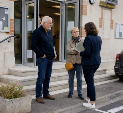 Des habitants échangent devant une mairie de proximité lors d’un débat local sur l’accueil des gens du voyage