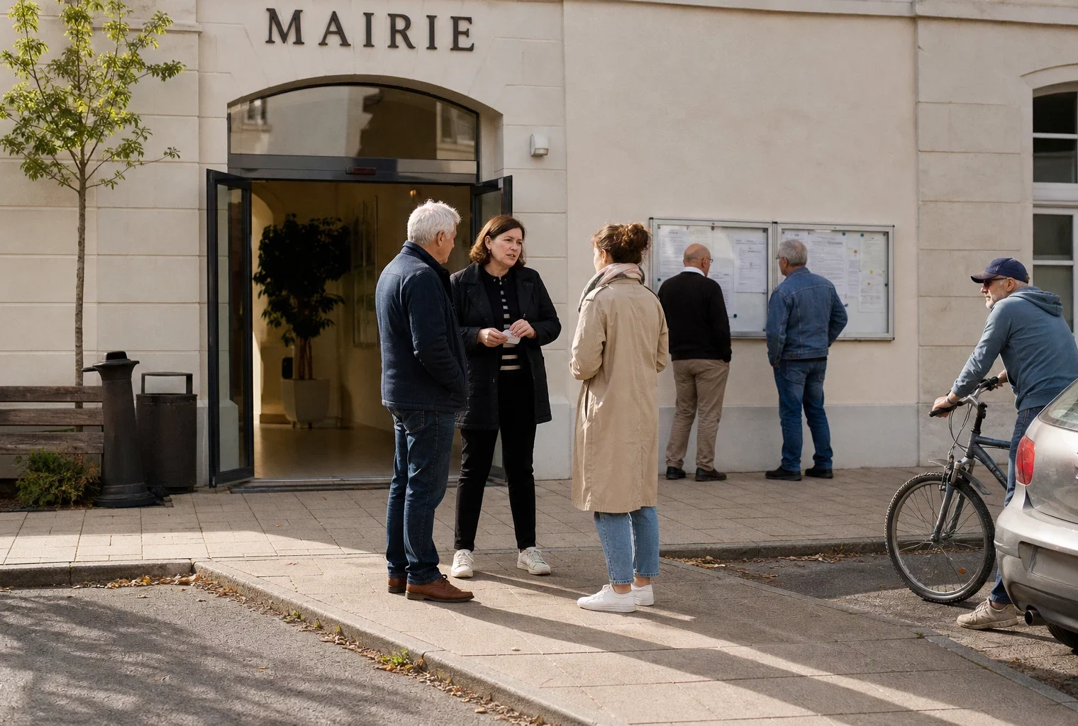 Des habitants discutent devant la mairie, dans une scène de vie locale claire et naturelle.