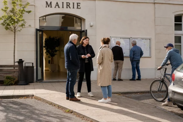 Des habitants discutent devant la mairie, dans une scène de vie locale claire et naturelle.