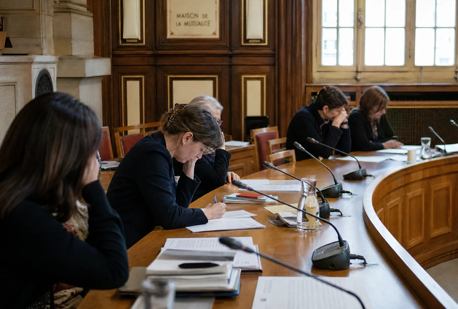 Réunion politique anonyme autour de micros et de dossiers dans une salle Art déco de la Maison de la Mutualité à Paris