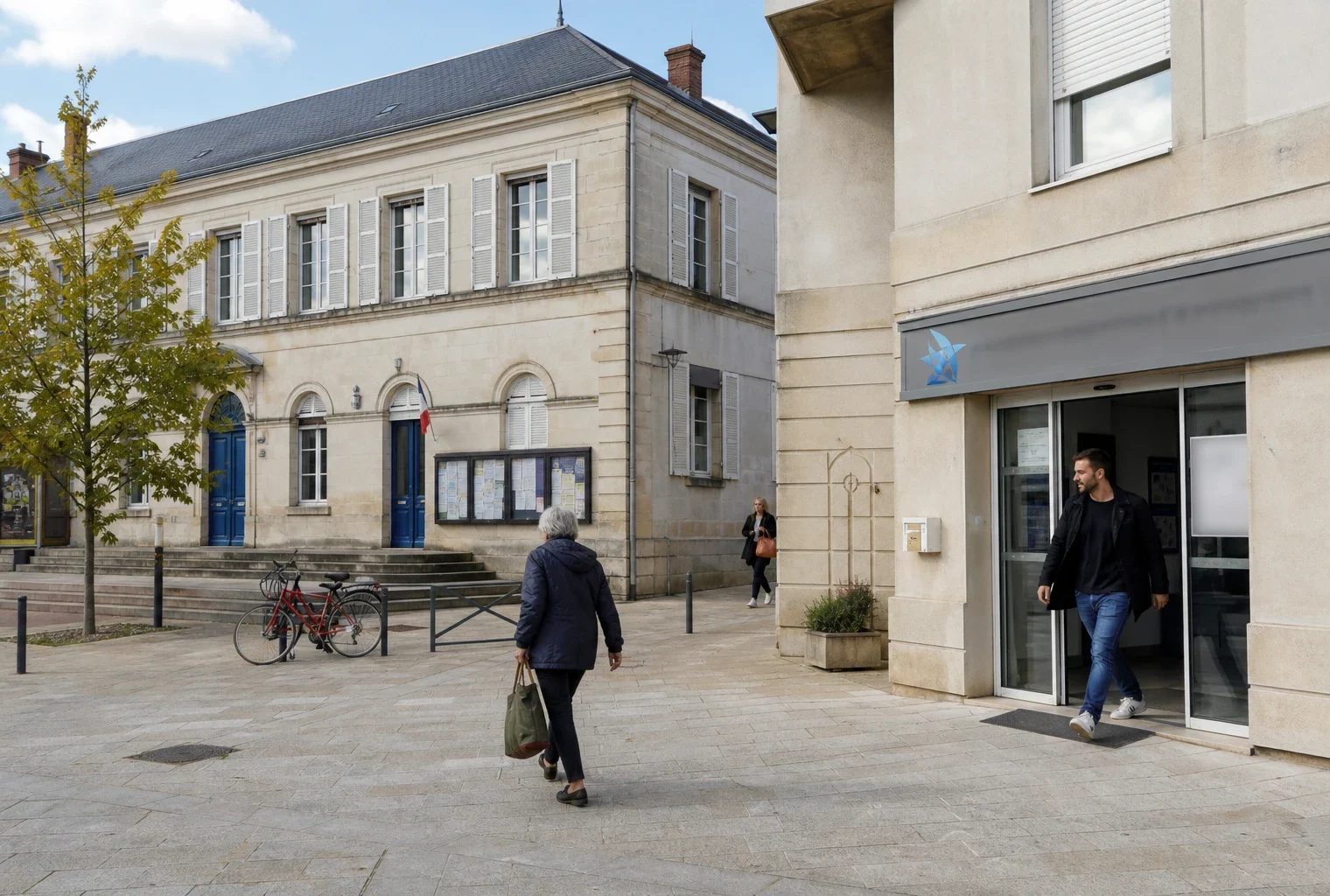 Rue d’une ville moyenne française avec habitants anonymes devant un équipement municipal, en lumière naturelle