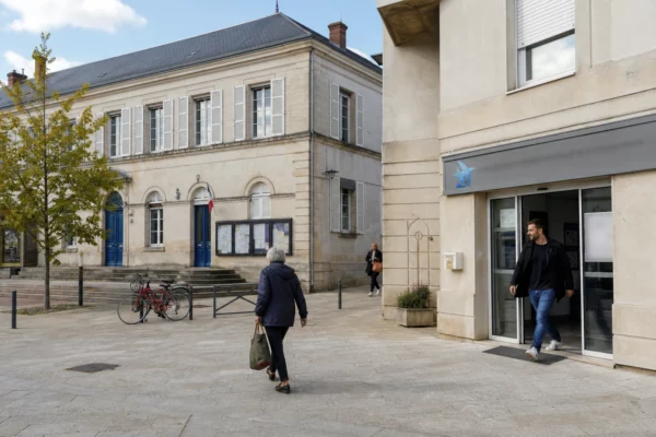 Rue d’une ville moyenne française avec habitants anonymes devant un équipement municipal, en lumière naturelle