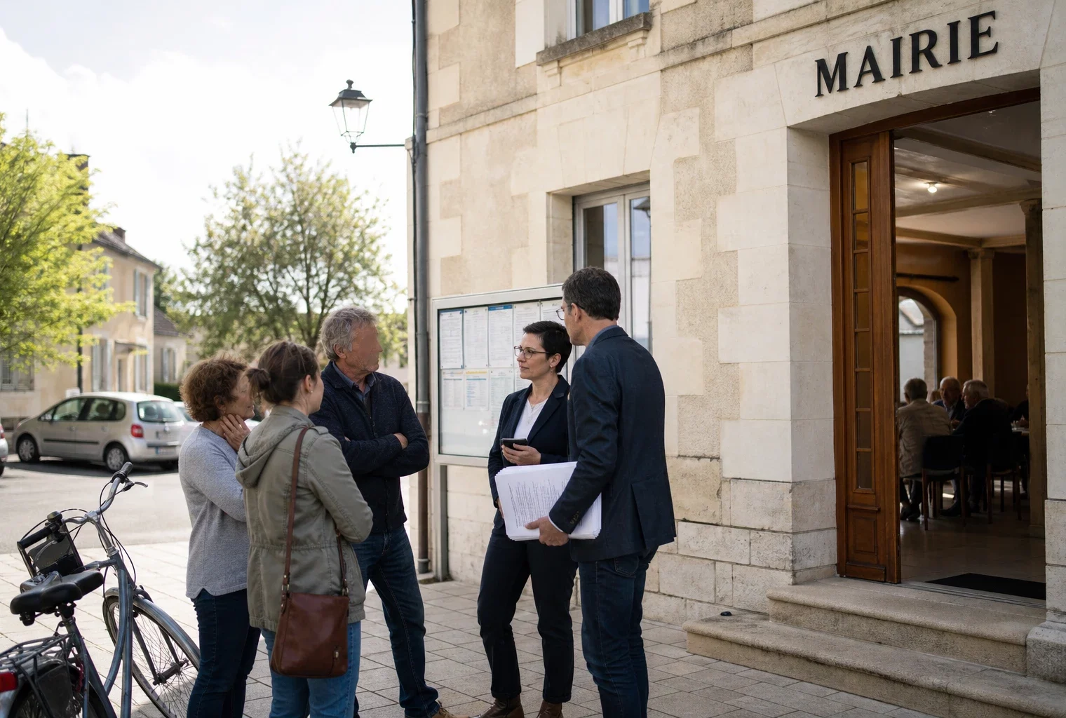 Citoyens et élus anonymes échangent devant une mairie française lors d’un débat sur les choix politiques pour 2027