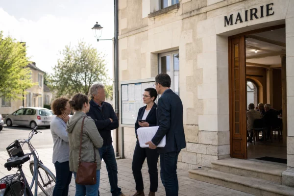Citoyens et élus anonymes échangent devant une mairie française lors d’un débat sur les choix politiques pour 2027