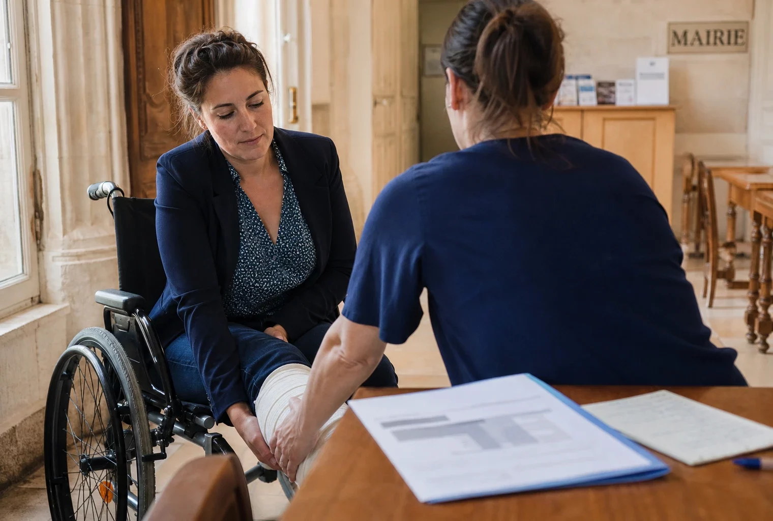 Élue française anonyme en fauteuil, jambe immobilisée, accompagnée dans une mairie lumineuse après une morsure de vipère