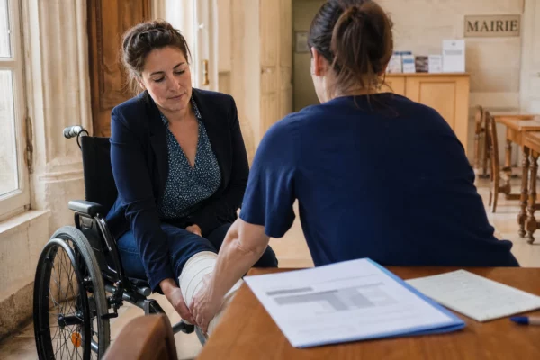 Élue française anonyme en fauteuil, jambe immobilisée, accompagnée dans une mairie lumineuse après une morsure de vipère