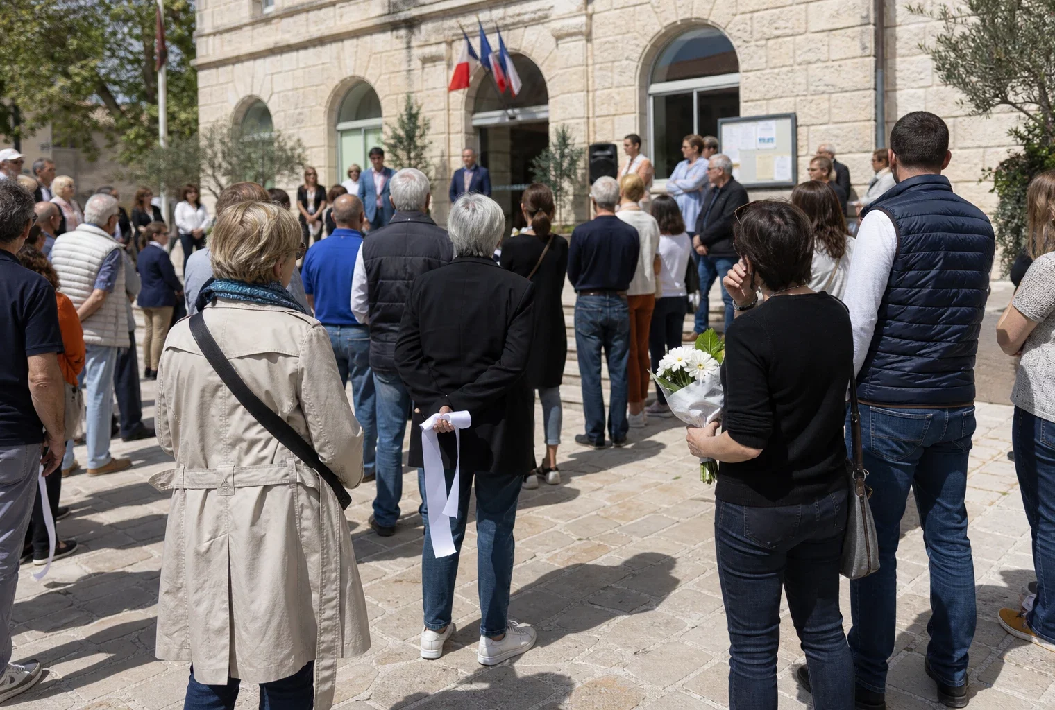 Marche blanche à Bollène devant la mairie, avec des habitants anonymes rendant hommage à une victime de féminicide