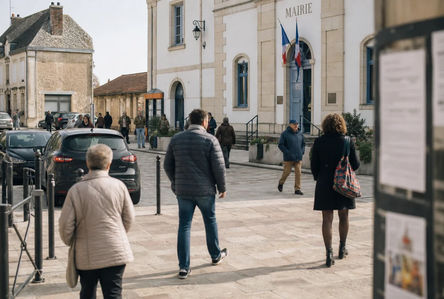 Scène de rue dans une ville moyenne française, devant un bâtiment public local, avec passants anonymes et ambiance civique calme.