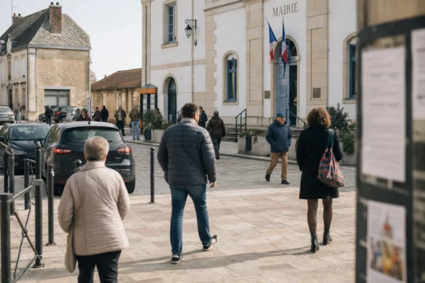 Scène de rue dans une ville moyenne française, devant un bâtiment public local, avec passants anonymes et ambiance civique calme.