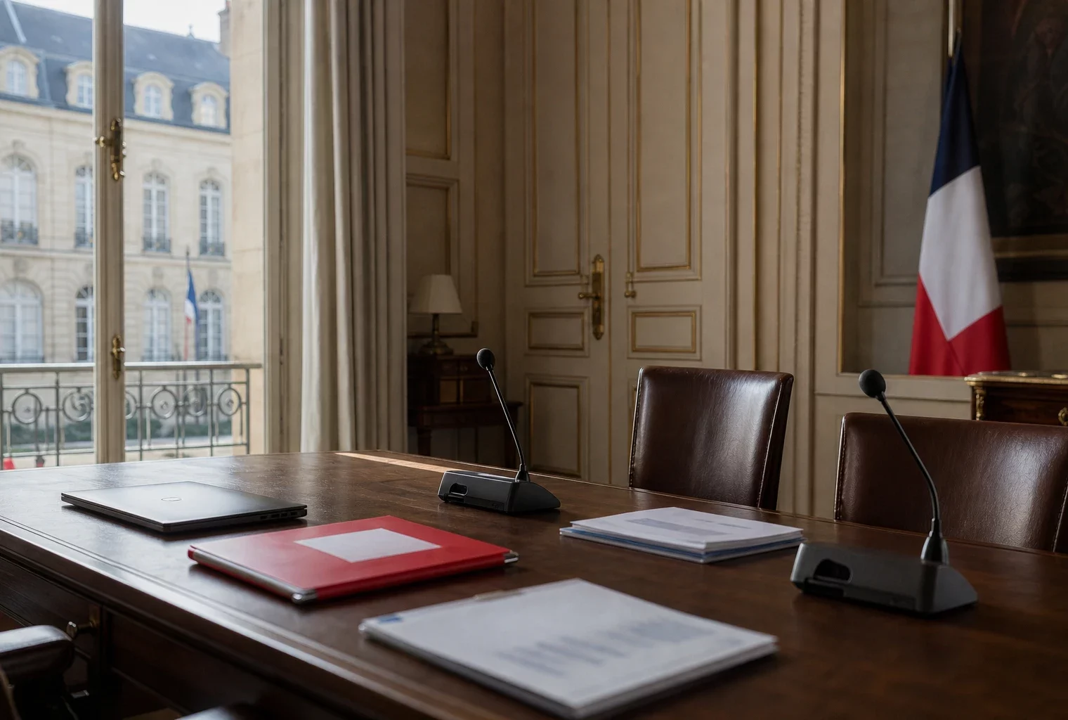 Bureau présidentiel français préparé pour un débat économique, avec micros, dossier rouge et drapeau tricolore discret