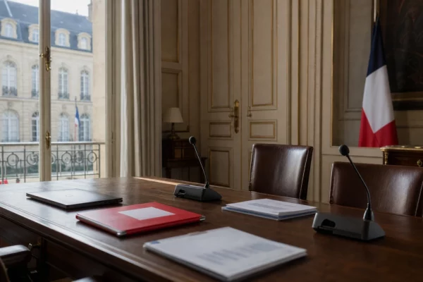 Bureau présidentiel français préparé pour un débat économique, avec micros, dossier rouge et drapeau tricolore discret