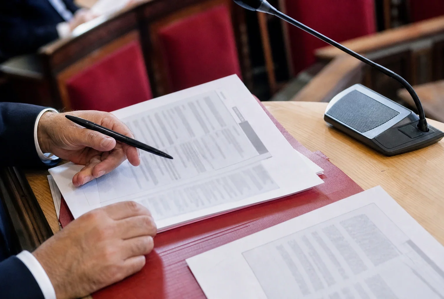 Mains anonymes feuilletant un dossier parlementaire près d’un micro de commission à l’Assemblée nationale