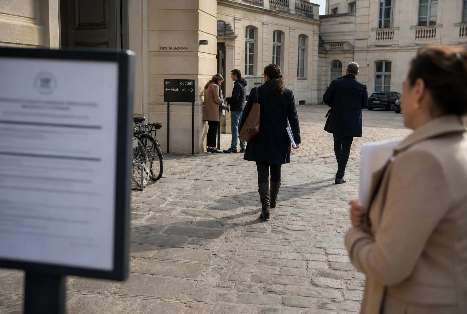 Scène de reportage devant Matignon avec des agents anonymes et une ambiance de travail calme