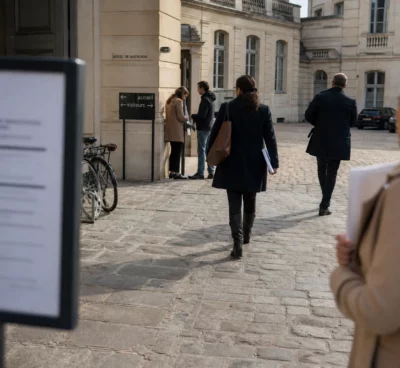 Scène de reportage devant Matignon avec des agents anonymes et une ambiance de travail calme