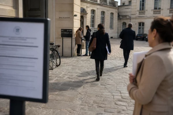 Scène de reportage devant Matignon avec des agents anonymes et une ambiance de travail calme