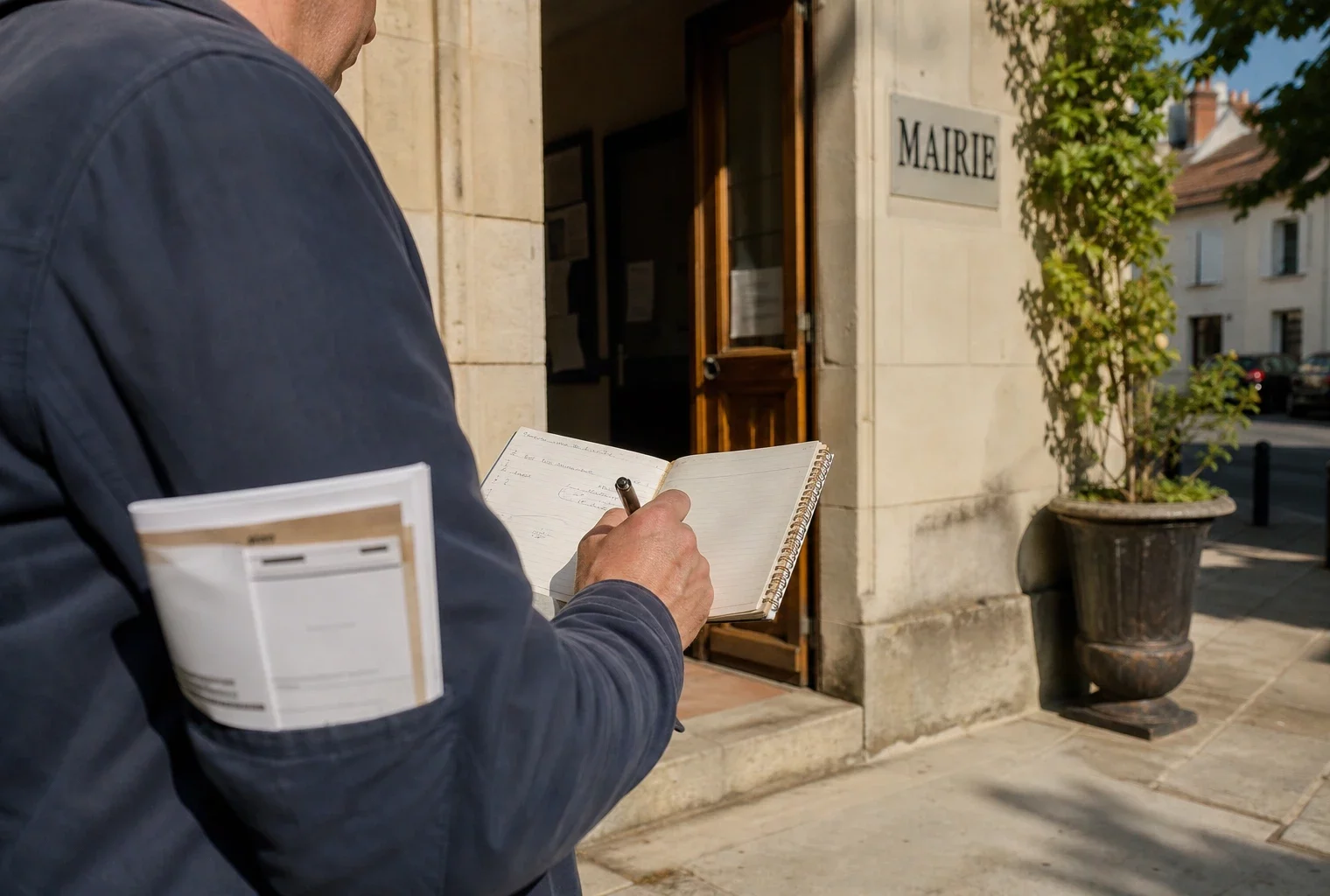 Élu local anonyme prenant des notes devant une mairie française, dans une lumière naturelle de fin d’après-midi
