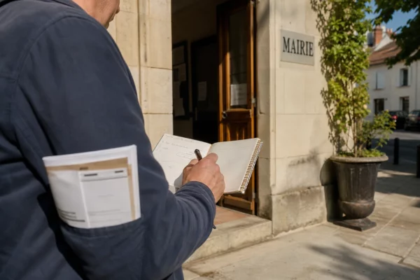 Élu local anonyme prenant des notes devant une mairie française, dans une lumière naturelle de fin d’après-midi