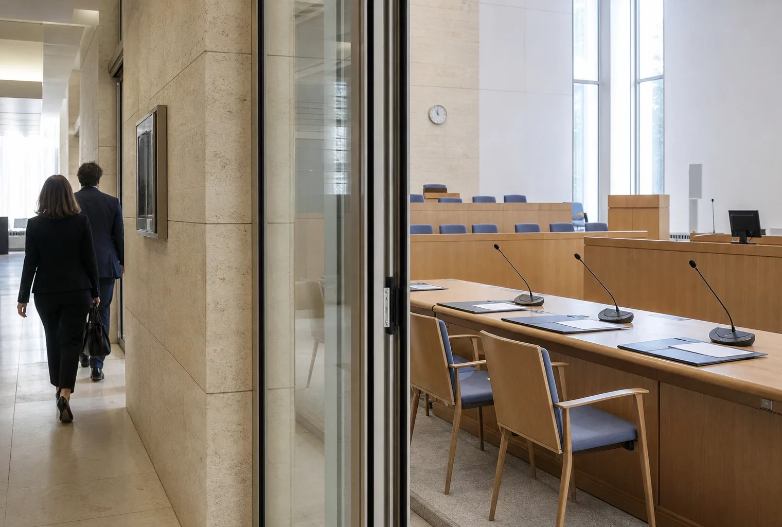 Couloir lumineux d’une institution française générique ouvrant sur une salle d’audition économique avec microphones et dossiers anonymes