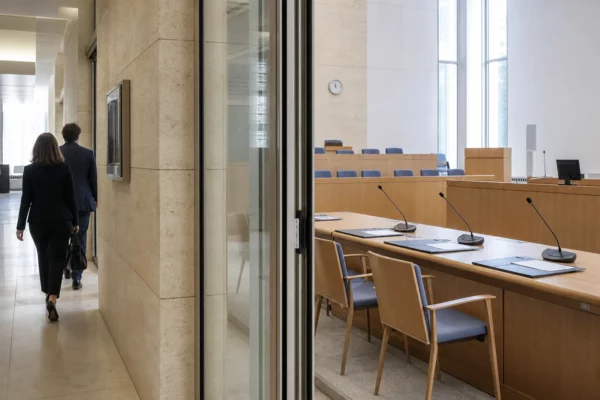 Couloir lumineux d’une institution française générique ouvrant sur une salle d’audition économique avec microphones et dossiers anonymes