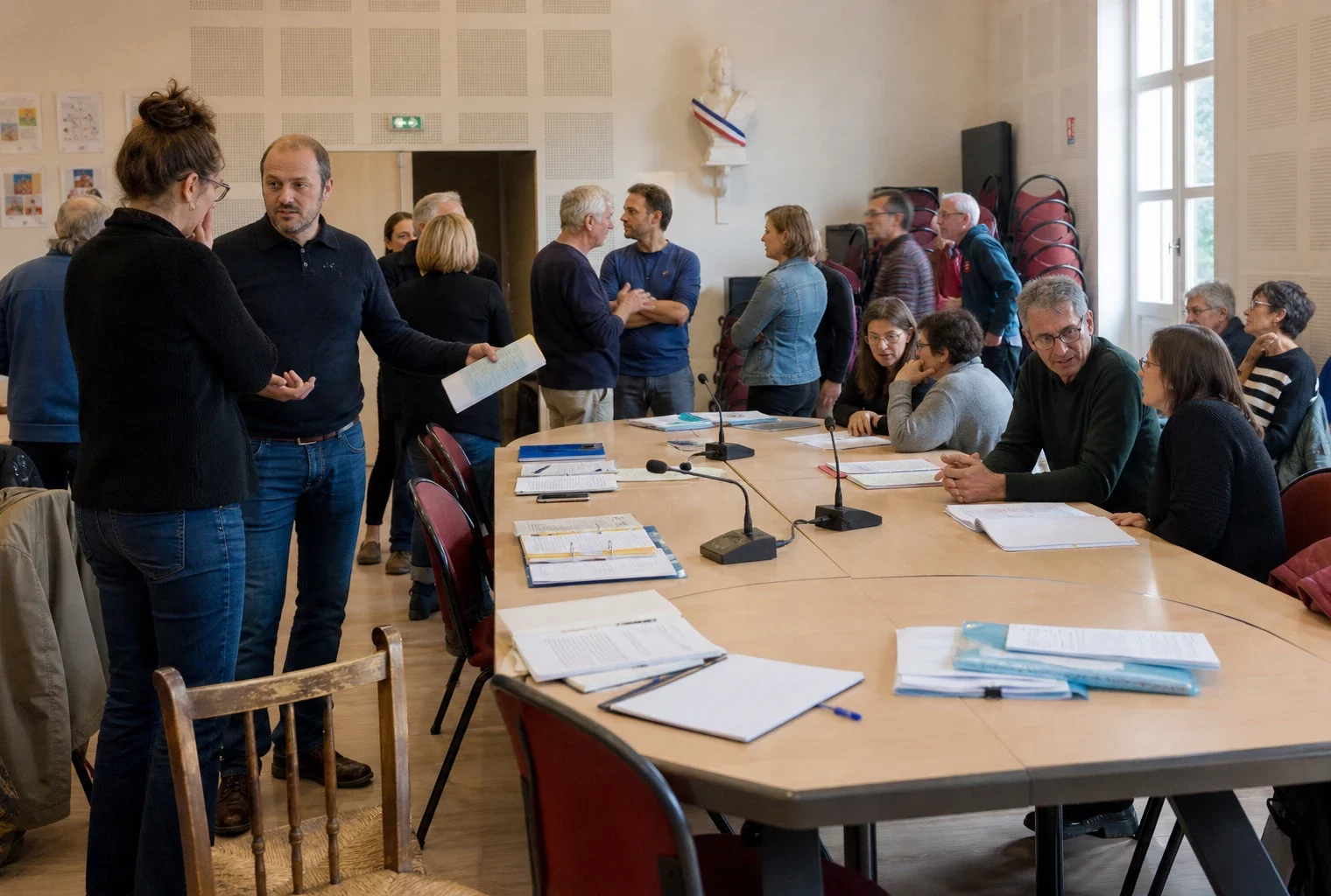 Militants réunis dans une salle municipale française autour de micros et dossiers, avec une chaise vide au premier plan