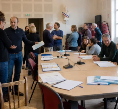 Militants réunis dans une salle municipale française autour de micros et dossiers, avec une chaise vide au premier plan