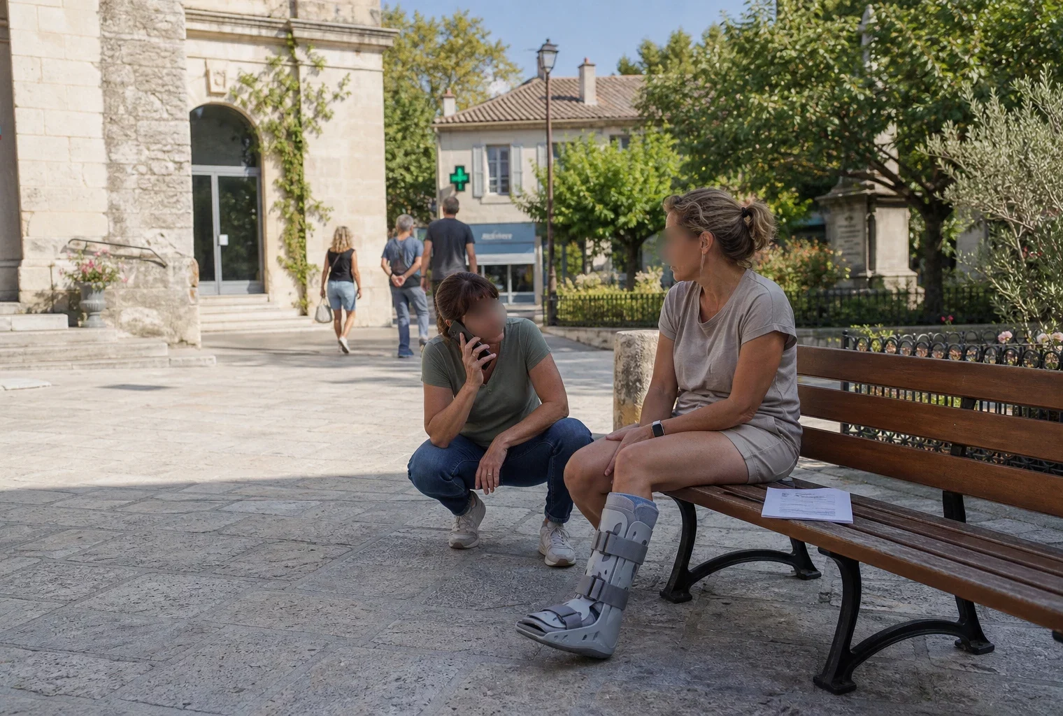 Femme anonymisée avec la jambe immobilisée sur une place de la Drôme après une morsure de vipère