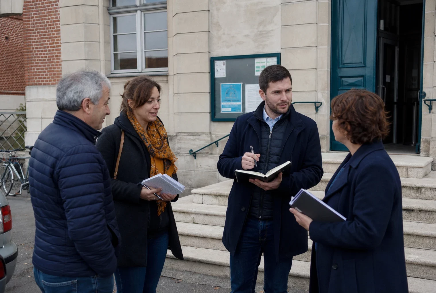 Citoyens anonymes échangeant avec des élus devant une mairie française lors d’une réunion de proximité