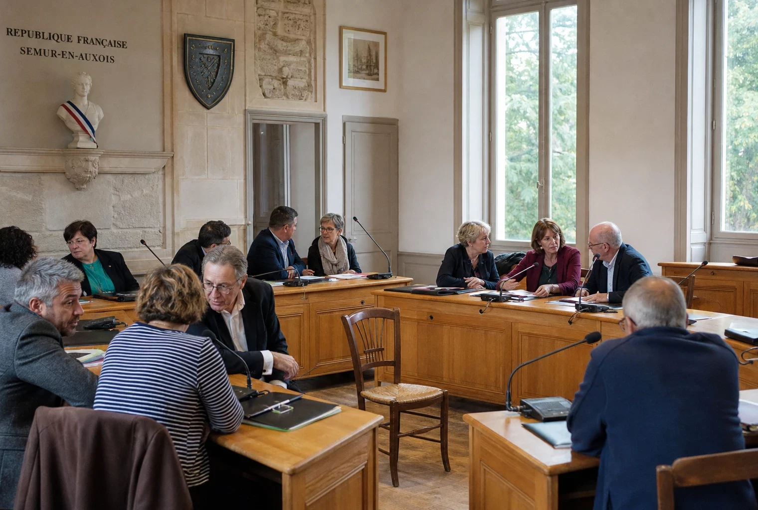 Salle municipale française avec une chaise vide, des micros et des élus anonymes après le décès de François Patriat