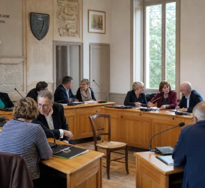 Salle municipale française avec une chaise vide, des micros et des élus anonymes après le décès de François Patriat