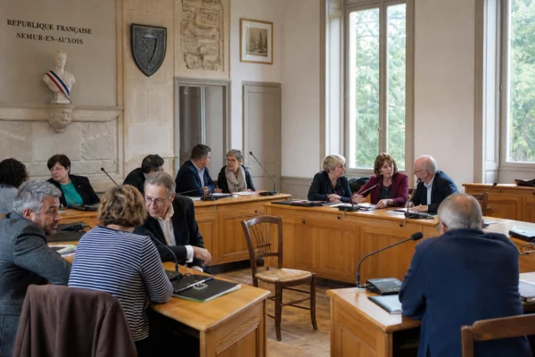 Salle municipale française avec une chaise vide, des micros et des élus anonymes après le décès de François Patriat