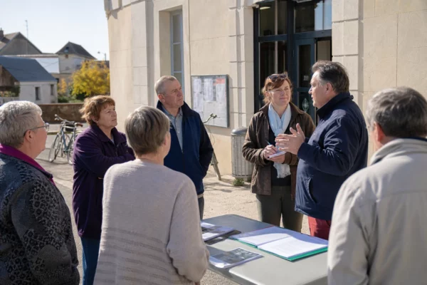 Citoyens anonymes échangeant devant une mairie française, illustration d’une politique de proximité et participative