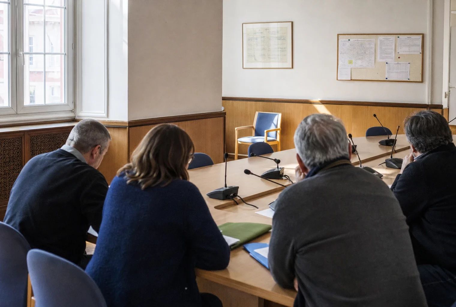 Salle municipale française avec micros, dossiers flous et chaise vide, évoquant les limites de l’alliance de défense