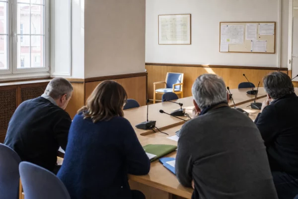 Salle municipale française avec micros, dossiers flous et chaise vide, évoquant les limites de l’alliance de défense