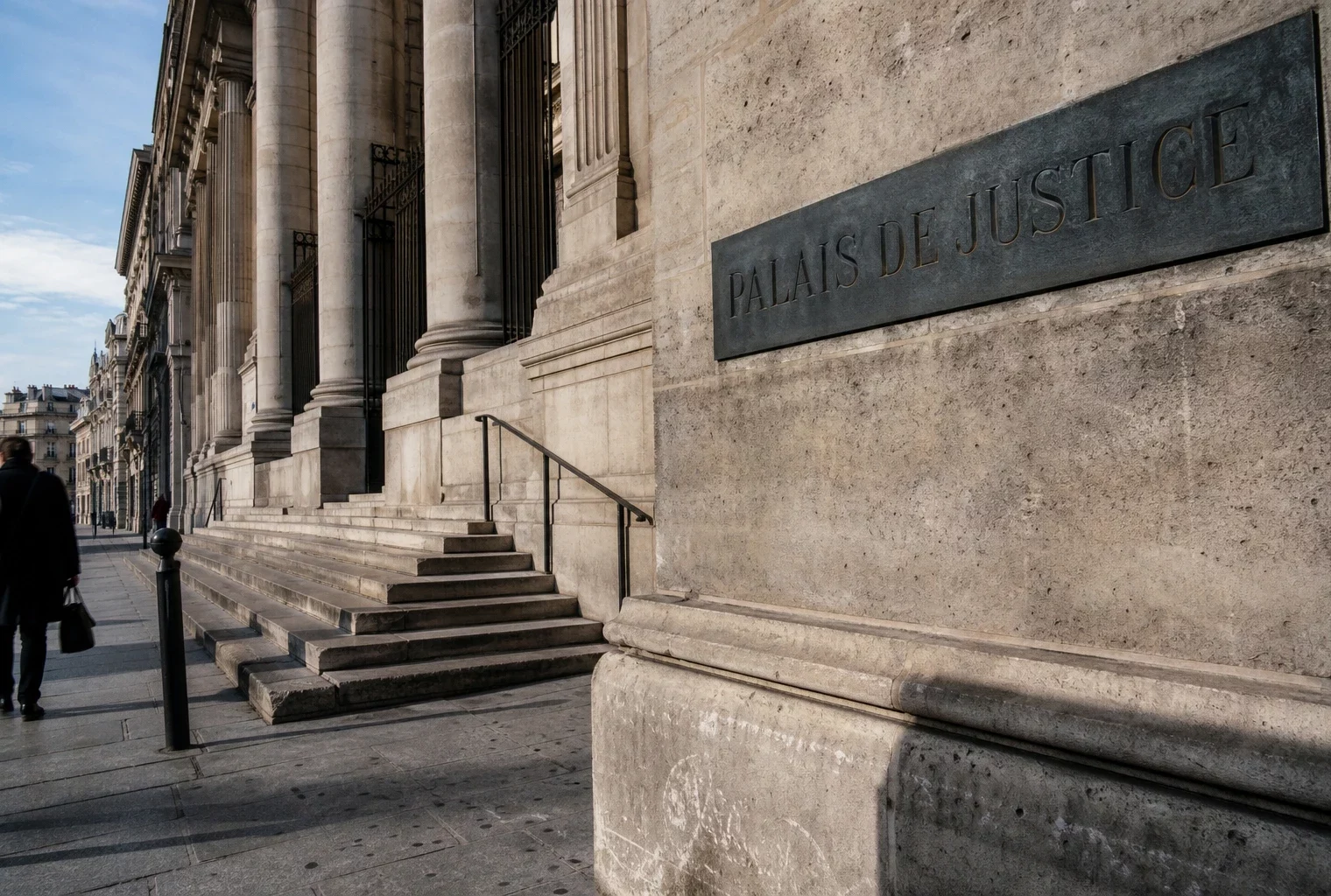 Façade du palais de justice de Paris en lumière naturelle, avec l’entrée du tribunal et une ambiance institutionnelle calme.