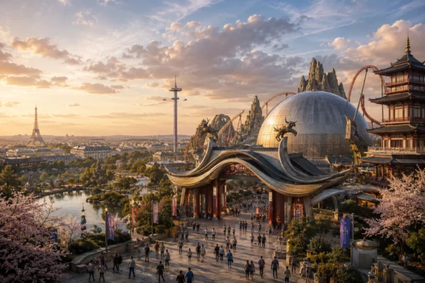 Vue panoramique d’un parc d’inspiration japonaise à Paris, mêlant architecture asiatique, attractions et skyline parisienne, pour illustrer le débat autour d’un projet de parc Dragon Ball en France.