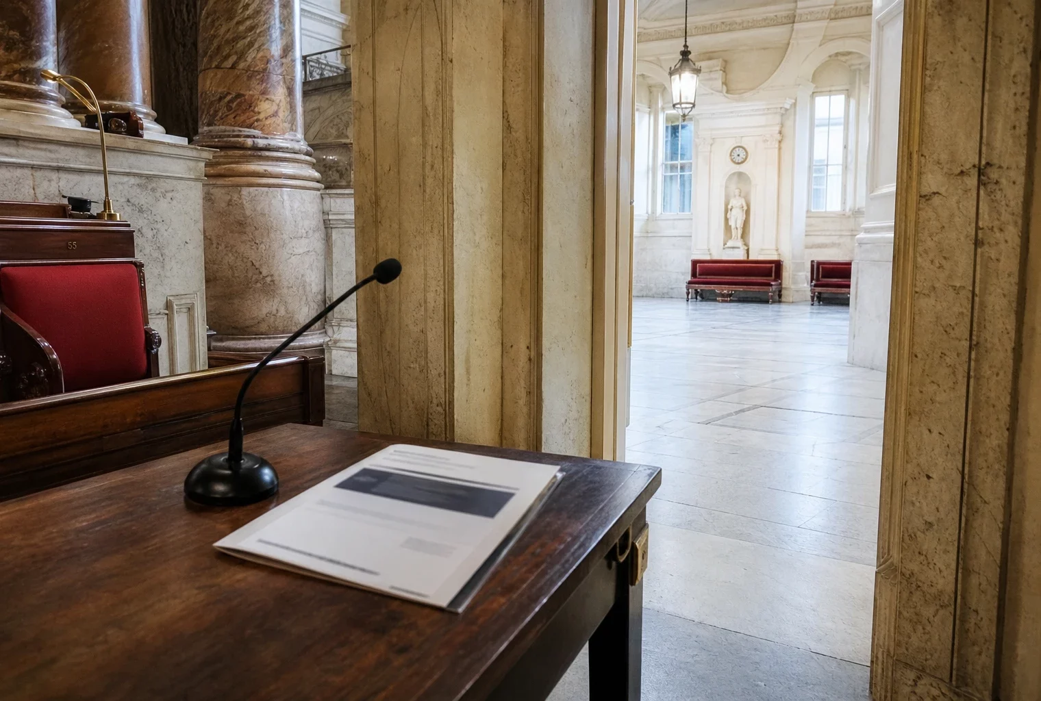 Salle parlementaire française lumineuse évoquant le parcours politique et juridique de Rima Hassan