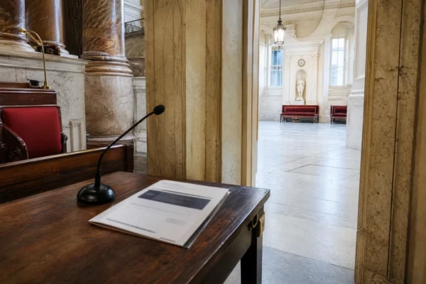Salle parlementaire française lumineuse évoquant le parcours politique et juridique de Rima Hassan