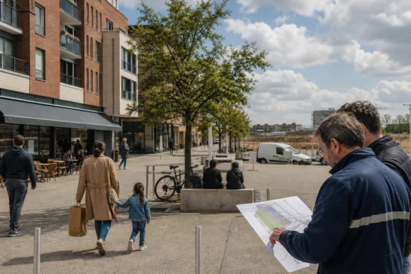 Scène de rue à Cergy-Pontoise avec habitants et urbanistes, illustrant les enjeux locaux du projet de parcs d’attractions