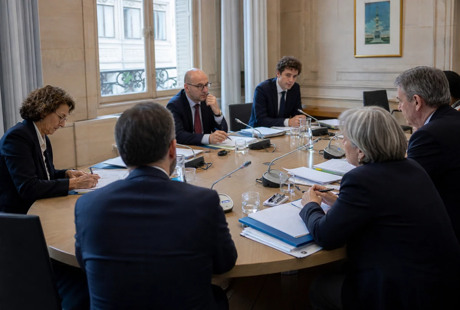 Réunion diplomatique franco-saoudienne autour d’une table dans une salle institutionnelle française