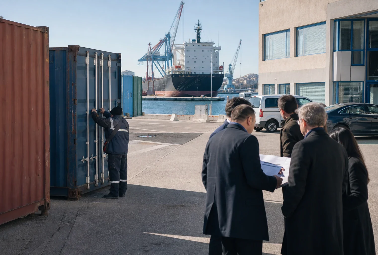 Travailleurs français sur un quai du port de Marseille, symbole des échanges commerciaux avec l’Arabie saoudite
