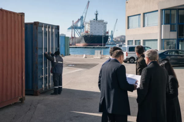 Travailleurs français sur un quai du port de Marseille, symbole des échanges commerciaux avec l’Arabie saoudite