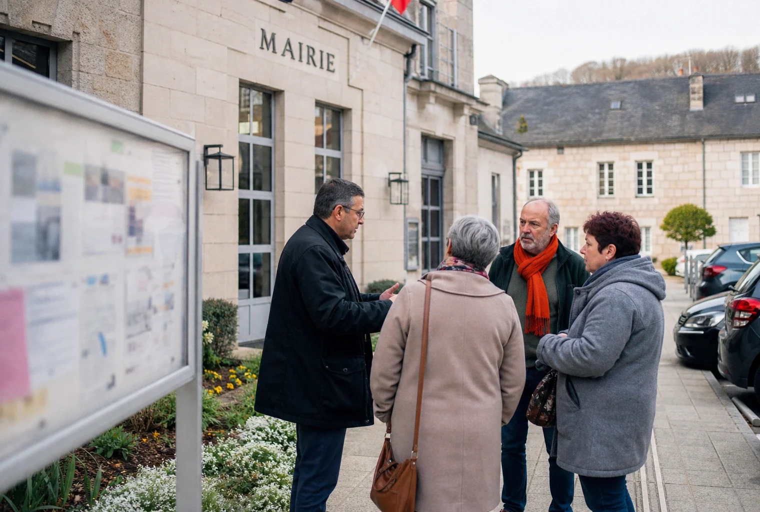 Des habitants discutent devant une mairie de Corrèze, avec un panneau d’affichage flou en arrière-plan.