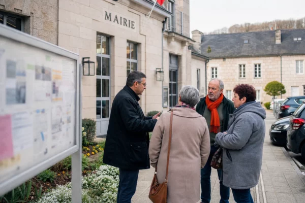 Des habitants discutent devant une mairie de Corrèze, avec un panneau d’affichage flou en arrière-plan.
