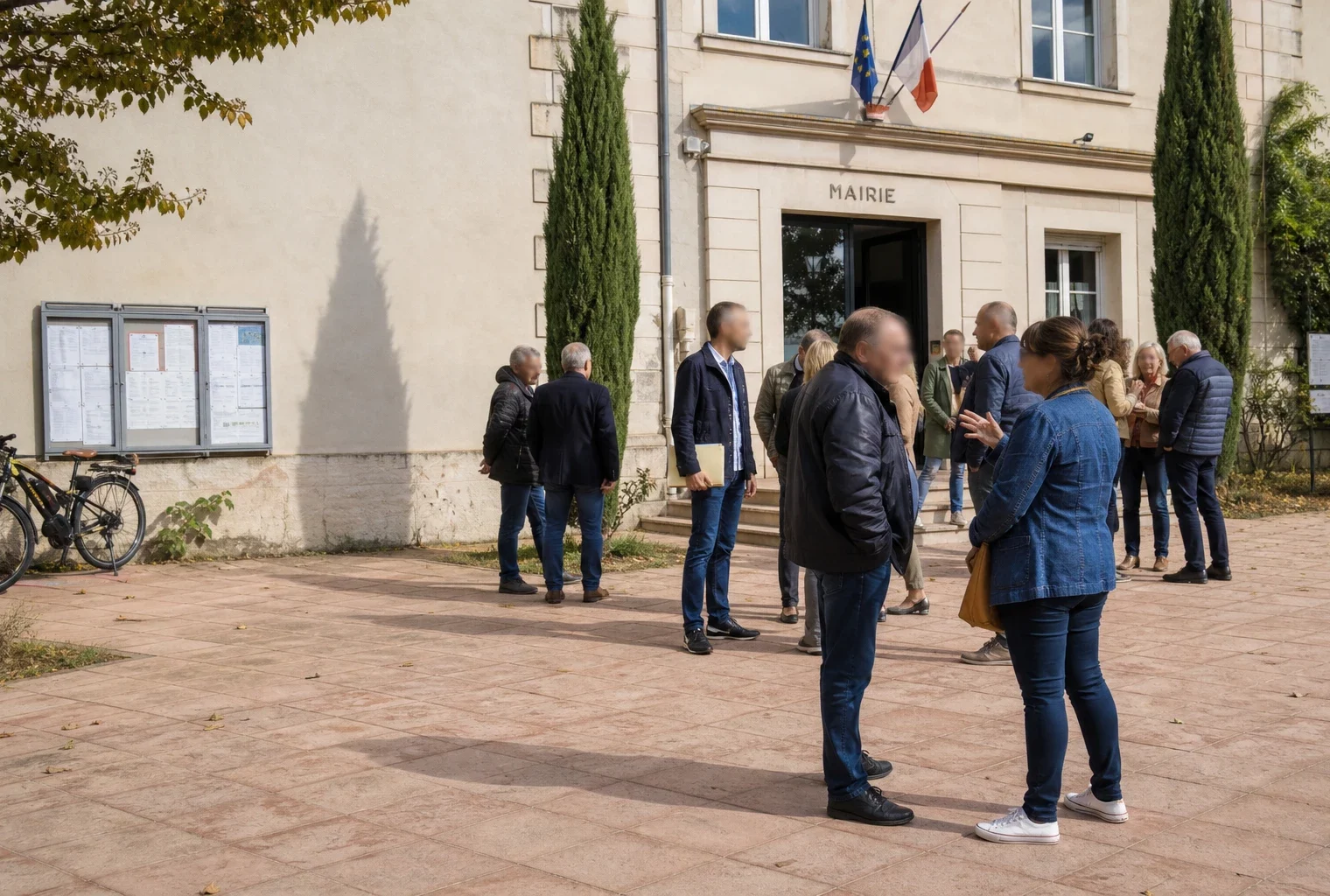 Citoyens anonymes échangeant devant une mairie française lors d’une rentrée politique locale