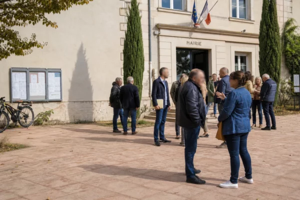 Citoyens anonymes échangeant devant une mairie française lors d’une rentrée politique locale